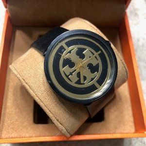 NEW Tory Burch Reva Black Leather Gold Face Watch